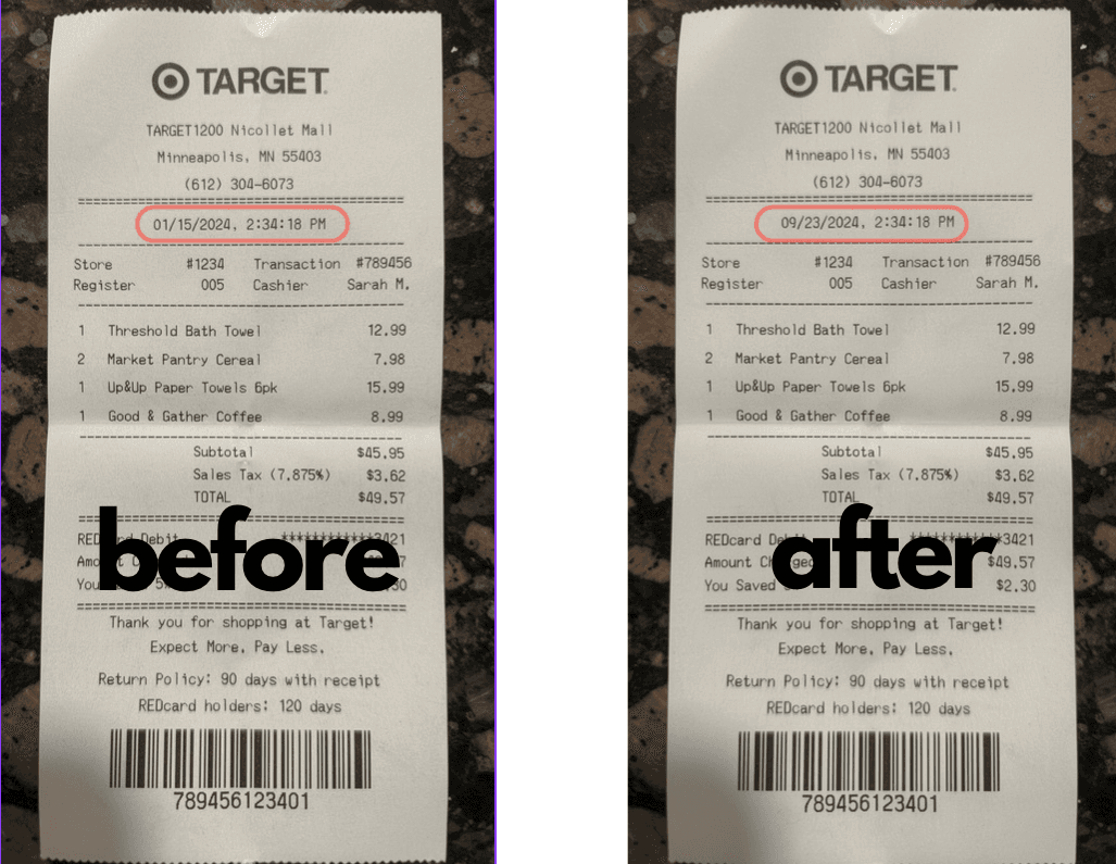 Before and after: AI editing a receipt date